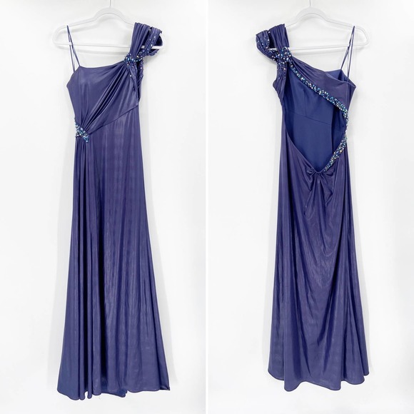 La Femme Navy Blue Beaded One Shoulder Open Back Maxi Evening Gown Size 6 - Picture 1 of 5